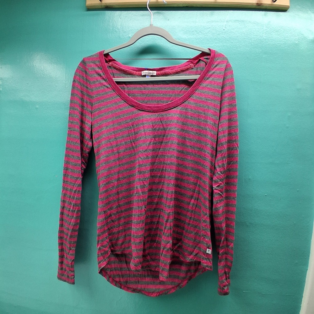 Juicy Couture Striped Top L Pink Gray Scoop Neck High Low Y2K McBling Preppy